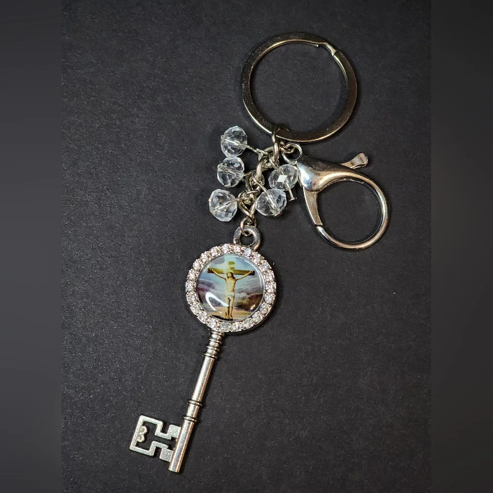 Silver Jesus Protection Key Charm Keychain